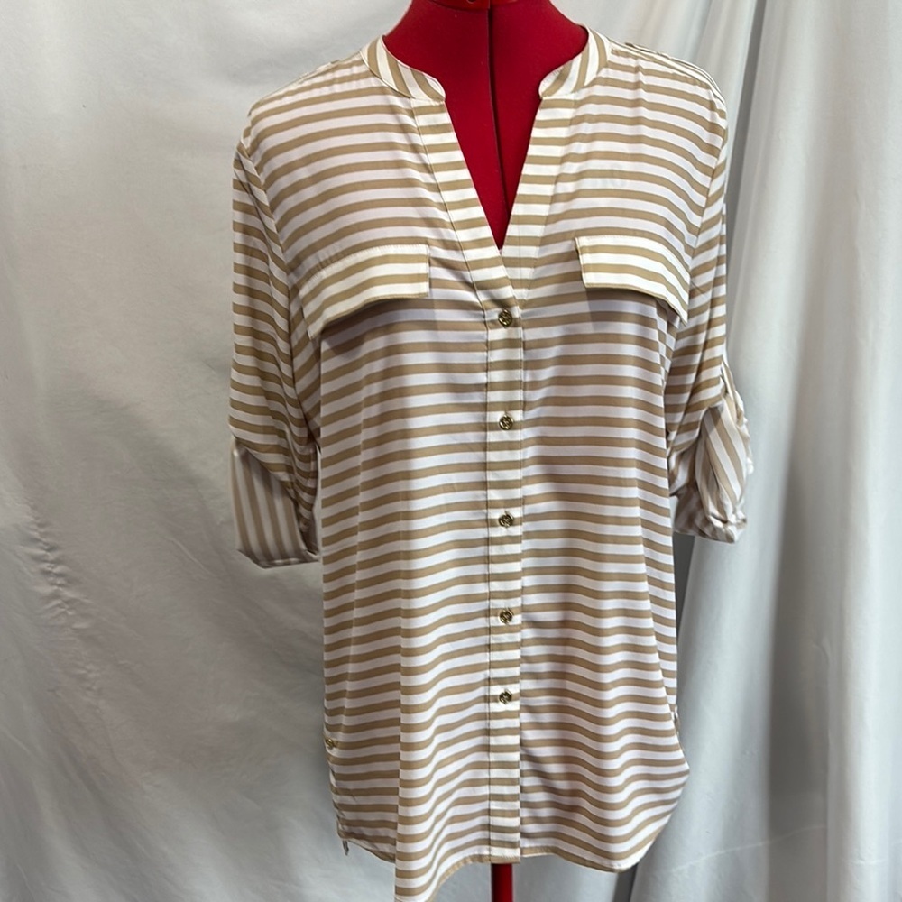 Calvin Klein Beige and White Striped Button Down Shirt MM357